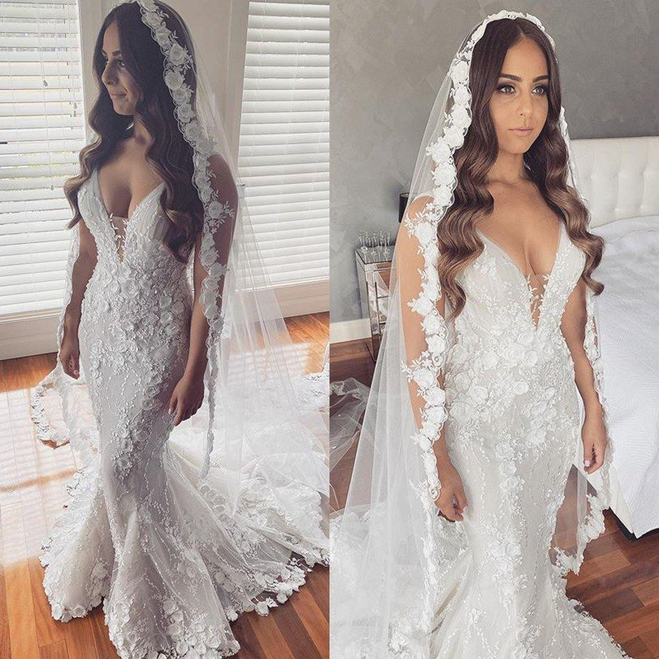 Elegant Mermaid Wedding Dresses 2020 Fashion 3D Floral Lace Applique Country Sweep Train Bride Beach Wedding Gown Robe de soiree