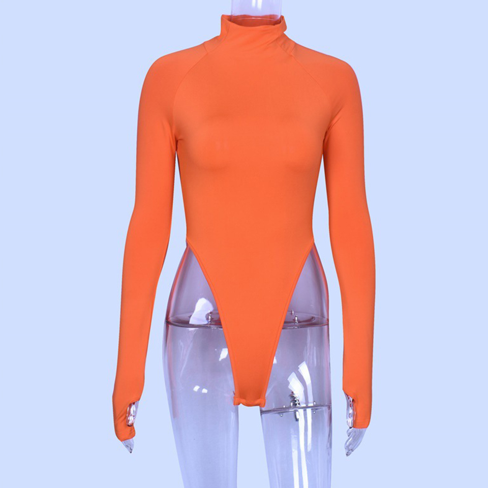 Sexy Turtleneck Black Bodysuit Stretch Thong Bodysuit Long Sleeve Women Romper Bodycon Jumpsuit High Cut Green Orange Bodysuit