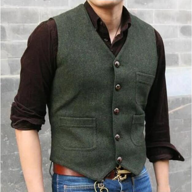 2020 Modest Dark Gray Groom Vests Wool Herringbone Tweed Vests Groomsmen Attire Mens Suit Vest Prom Wedding Party Blazers Waistcoat