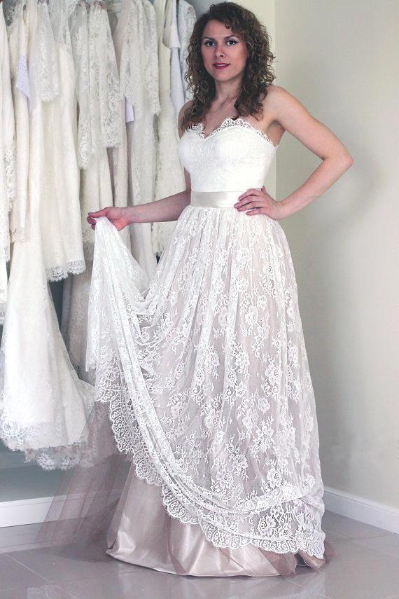 White Lace Long Wedding Dress Sexy Strapless Bridal Wedding Dress Simple Beach A Line Wedding Dress vestidos noiva