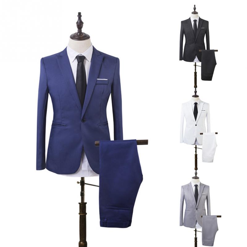 Solid Color Fashion Men's Two Piece Suit Business Formal Wear Blazer And Pants Set B3