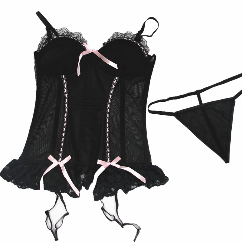 Women Gartered Push-up Bra Ruffle Lace Hem Mesh 6pcs Plastic Fully Boned Bustier with Thong Set Sexy Lingerie Corset with Pink Bows Accents