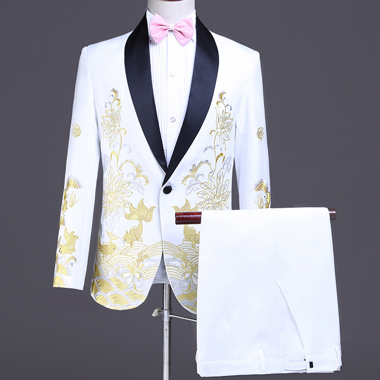Slim Fit Embroidered Wedding Tuxedos White Groom Shawl Lapel 2 Pieces Pants Suits Luxury Design Men Jacket Formal Blazer