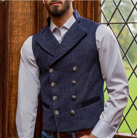 Rustic Groom Vests Attire For Wedding Groomsmen Double Breasted Wool Herringbone Tweed Slim Fit Mens Suit Vest Prom Dress Waistcoat 242