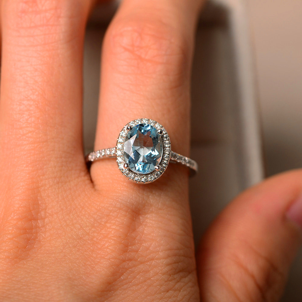 Female Natural Aquamarine Stone Ring 100% Real 925 Sterling Silver Wedding Rings For Women Promise Oval Engagement Ring