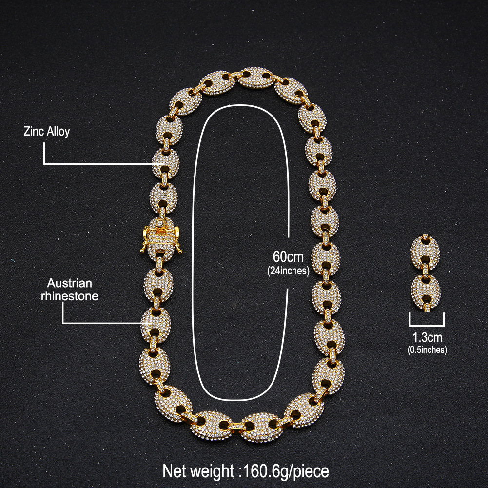 New Fahsion Mens Gold Bling Full Dia Hip Hop Coffee Beans Pig Nose Cban Link Chain Necklace guys personalized Rapper Chains