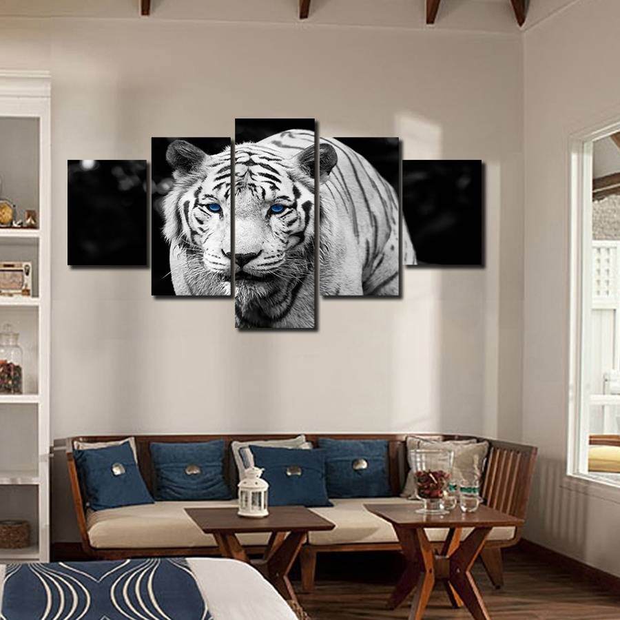 5pcs/set Unframed Walking Tiger Blue eyes Animal Painting Wall Art Oil Painting On Canvas Textured Paintings Picture Living Room