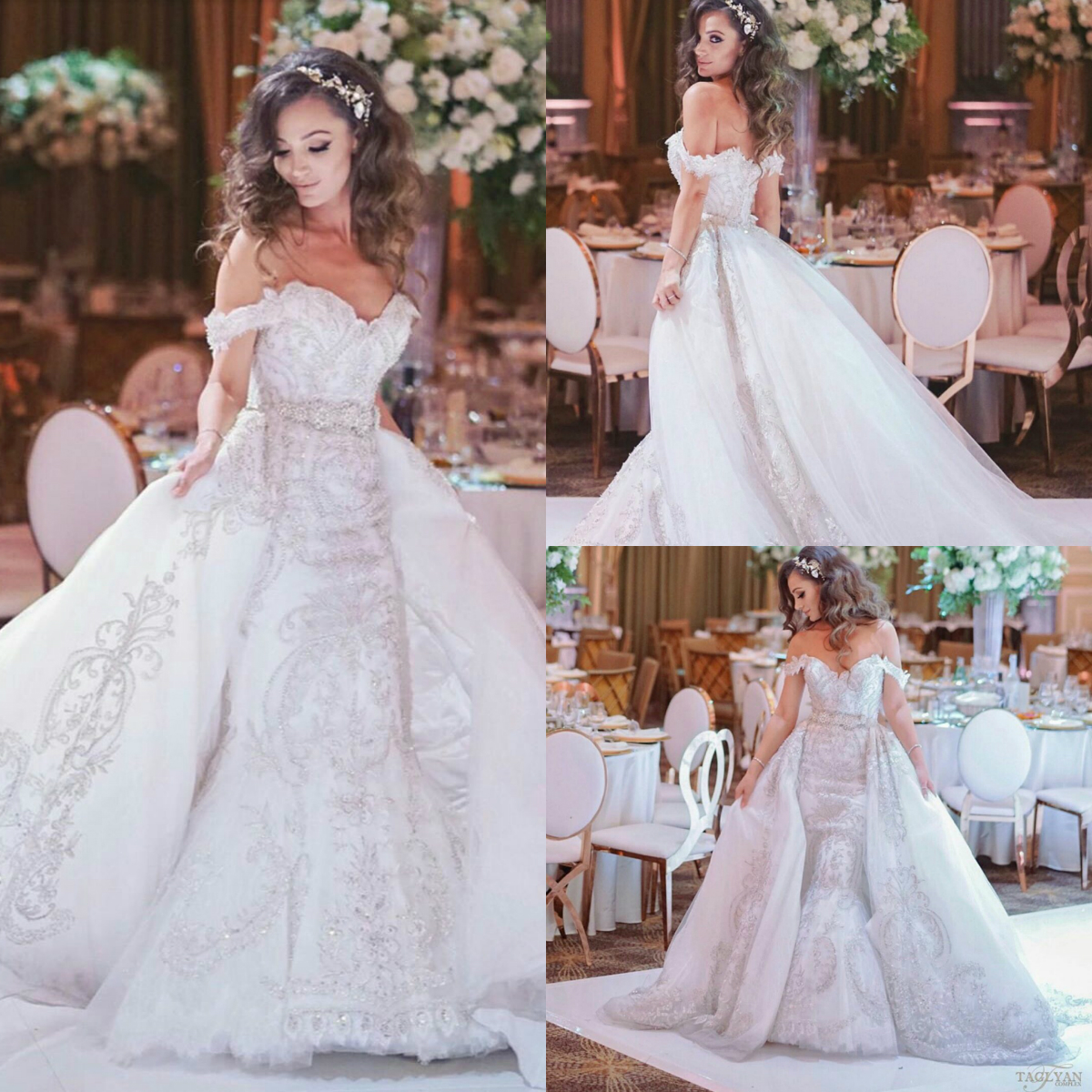 2020 Luxury Mermaid Wedding Dresses With Detachable Train Off The Shoulder Full Lace Applique Sweep Train Bridal Gowns Robes De Mariée