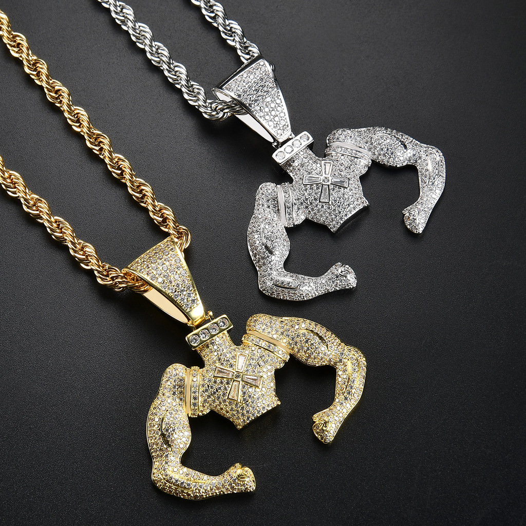 New Style 18K Gold Plated Iced Out CZ Zirconia Muscule Hercule Man Pendant Chain Necklace Hip Hop Rock Rapper Creative Jewelry Gifts for Men