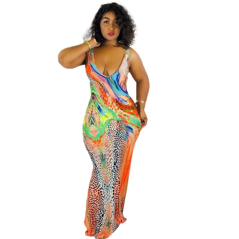 Colorful floral print maxi dress women v neck slip vestido summer 2020 new sleeveless long dress plus size 3 XL lady party, Orange 
Colorful floral print maxi dress women v neck slip vestido summer 2020 new sleeveless long dress plus size 3 XL lady party, Orange