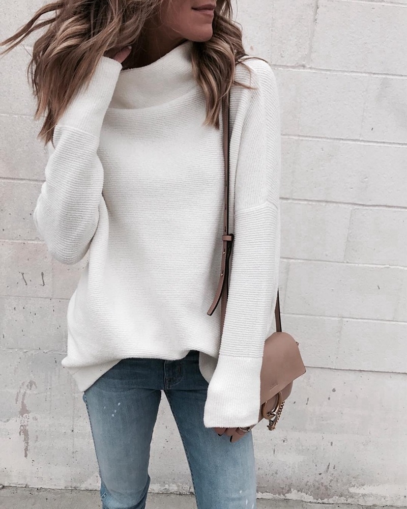 LOSSKY Long Sleeve Autumn Winter Sweater Women White Knitted Sweaters Pullover Jumper Fashion 2018 Turtleneck Sweater Female V191022