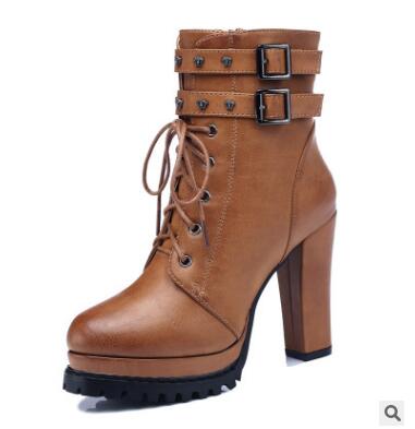 Hot Sale-Black Leather Motorcycle Boots For Women High Platform Thick Heel Ankle Boots Stylish Cool Shoes Christma