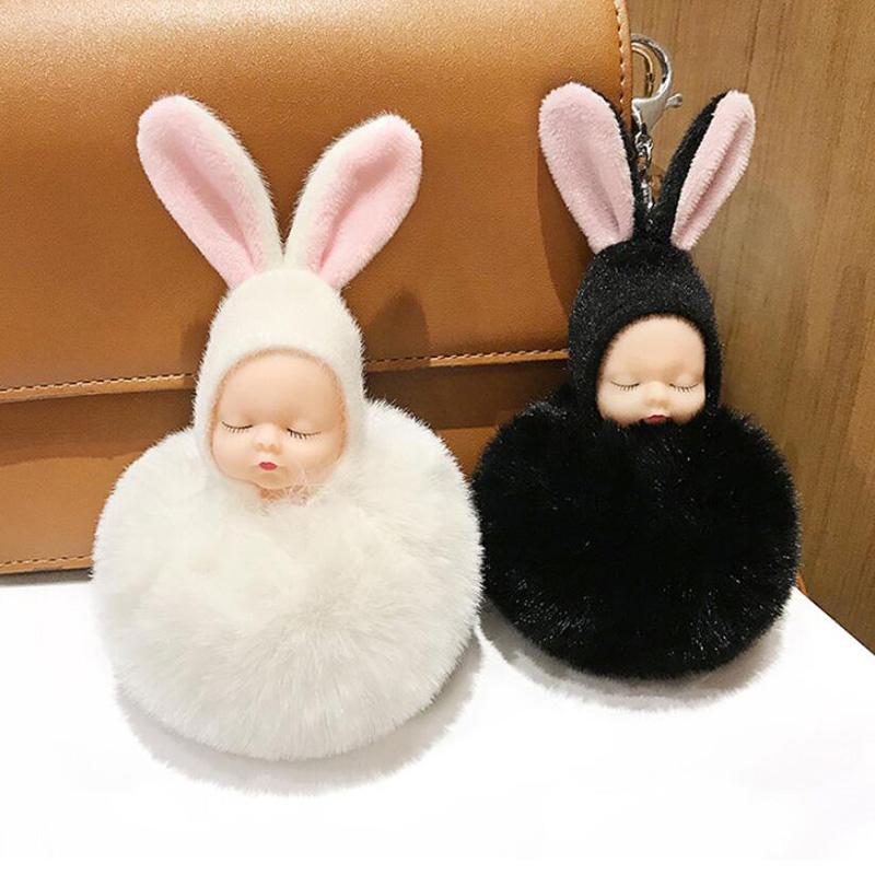 30pcs /Lot Plush Dolls Keychains Lovely Rabbit Ear Sleeping Baby Key Ring Creative Gift Fashion Jewelry For Girls Bag Decoration