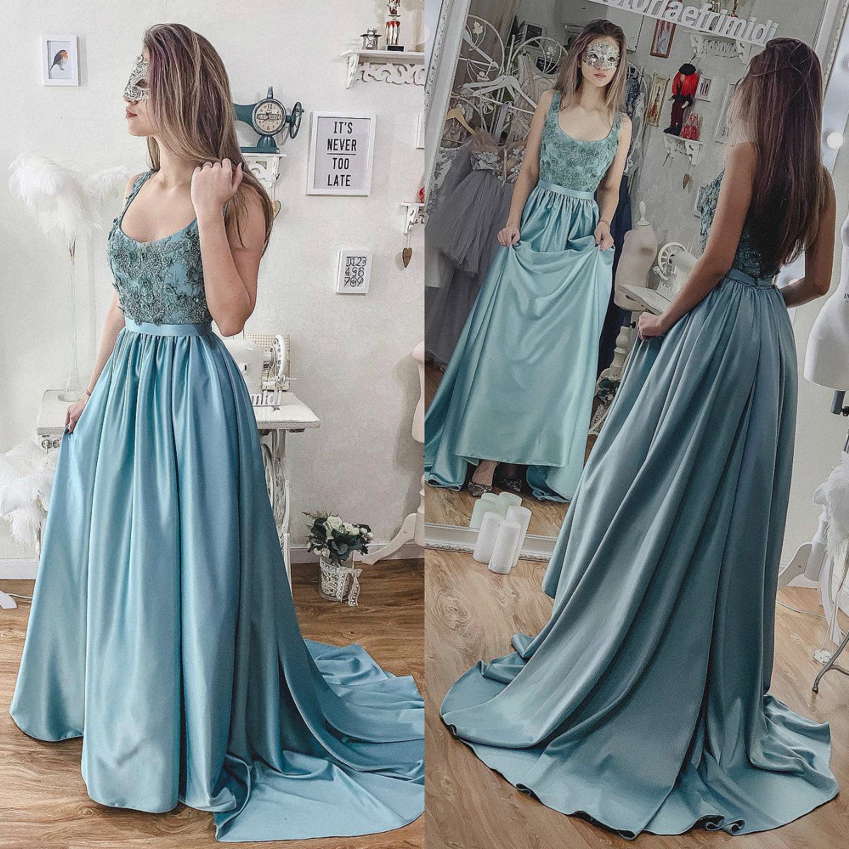 Gorgeous A Line Prom Dresses 2019 Scoop Neck Lace Applique Beaded Satin Evening Gowns Cheap Cocktail Party Dresses