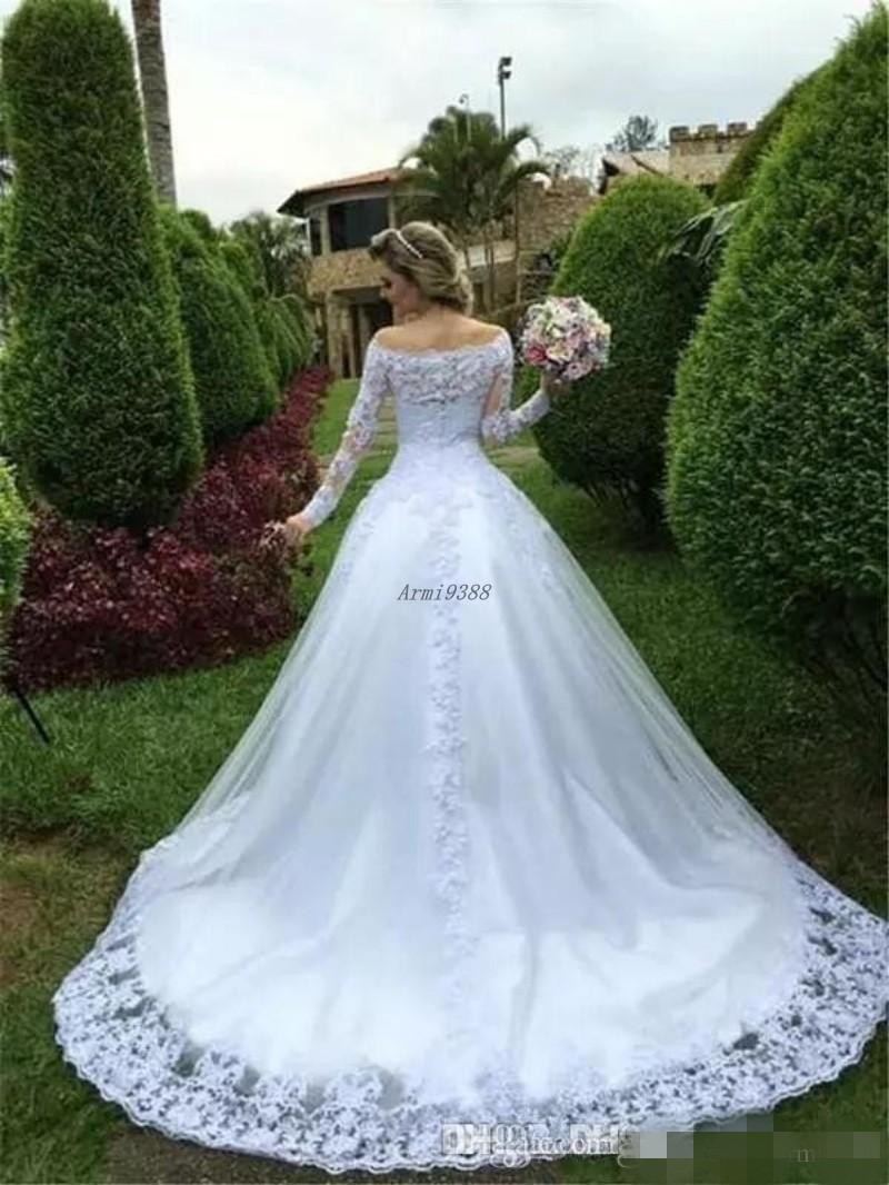 Elegant Off the Shoulder Ball Gown Wedding Dresses Scalloped Lace Applique Sweep Train Country Wedding Bridal Gowns vestido de novia