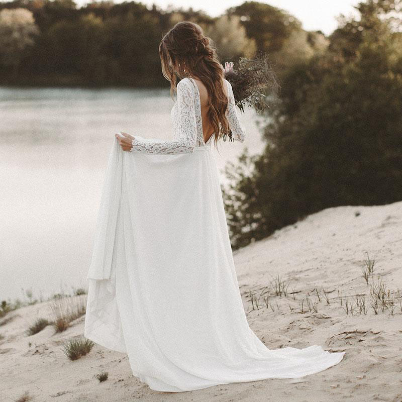 Simple Fall White Lace Country Beach Wedding Dresses V Neck Full Sleeve Chiffon Low Back Bohemian Bridal Gowns Slim casual Bride Dresses