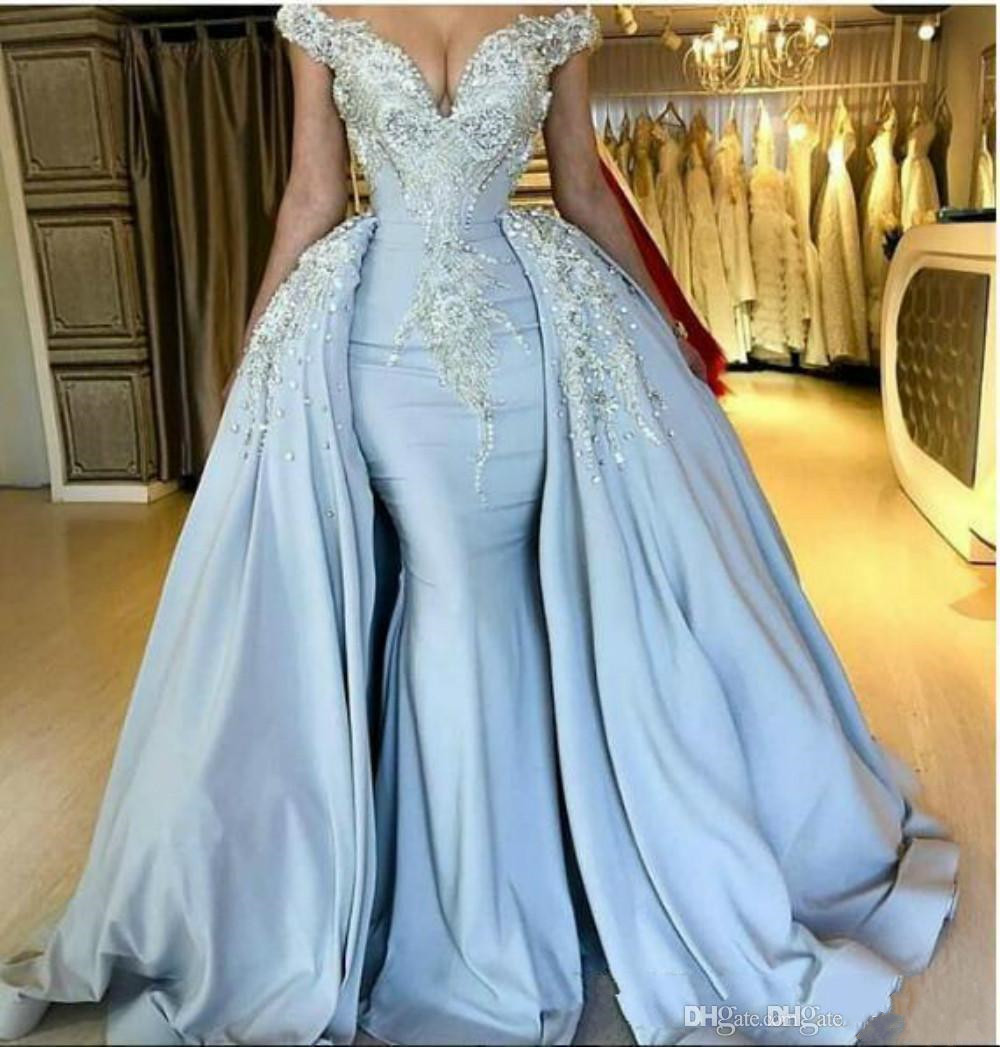 Luxury Beads Overskirt Mermaid Evening Dresses Plus Size Arabic Sexy Off Shoulder Party Prom Dresses Formal Pageant Gowns Robe De Soiree