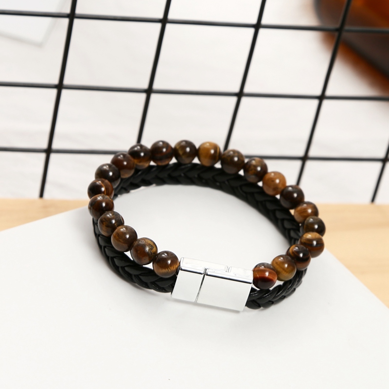 Leather beaded bracelet handmade 2 layer buckle men's temperament charm bracelet daily wear