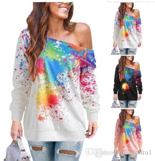 2020 Fashion T Shirt Women Long Sleeve One Shoulder Paint Splatter Print Korean Style Women Funny T Shirts Women