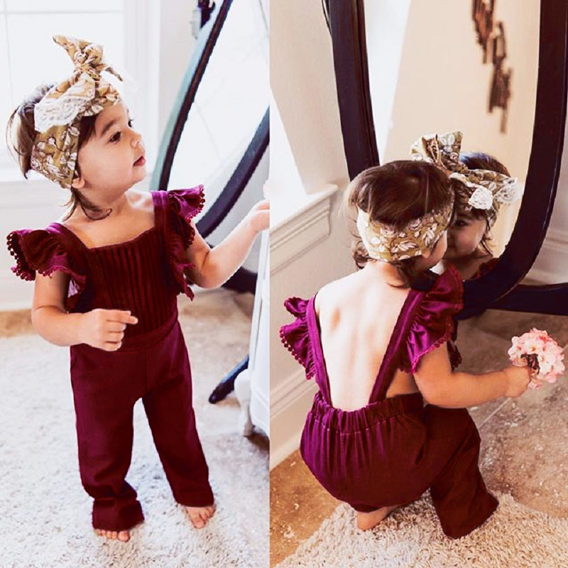 Fashion Kid Baby Girls Clothes Flying Sleeves Ruffles Backless Velvet Overalls Romper Jumpsuit Playsuit BibPants Toddler Outfits Set B11