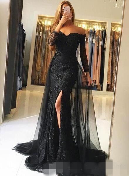 Elegant Off The Shoulder Prom Dresses Long Sleeves Lace Applique Overskirt Train Tulle Side Slit Mermaid Evening Party Gowns Plus Size 401