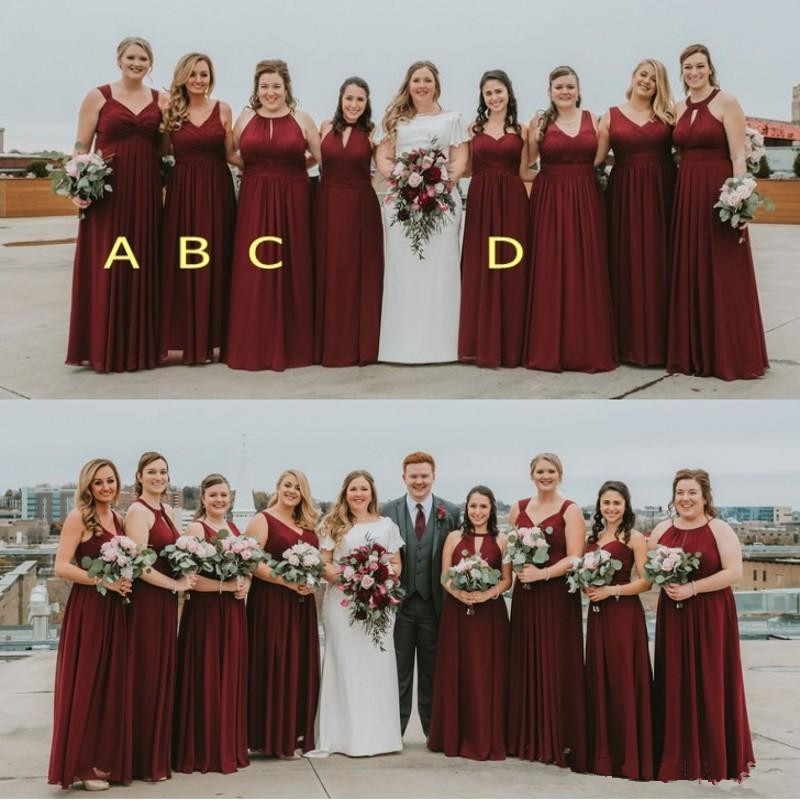 Vintage Burgundy Mixed Boho Bridesmaid Dresses 2020 Ruched Bodice Elegant long beach Maid of Honor Wedding Guest Party Dress Cheap