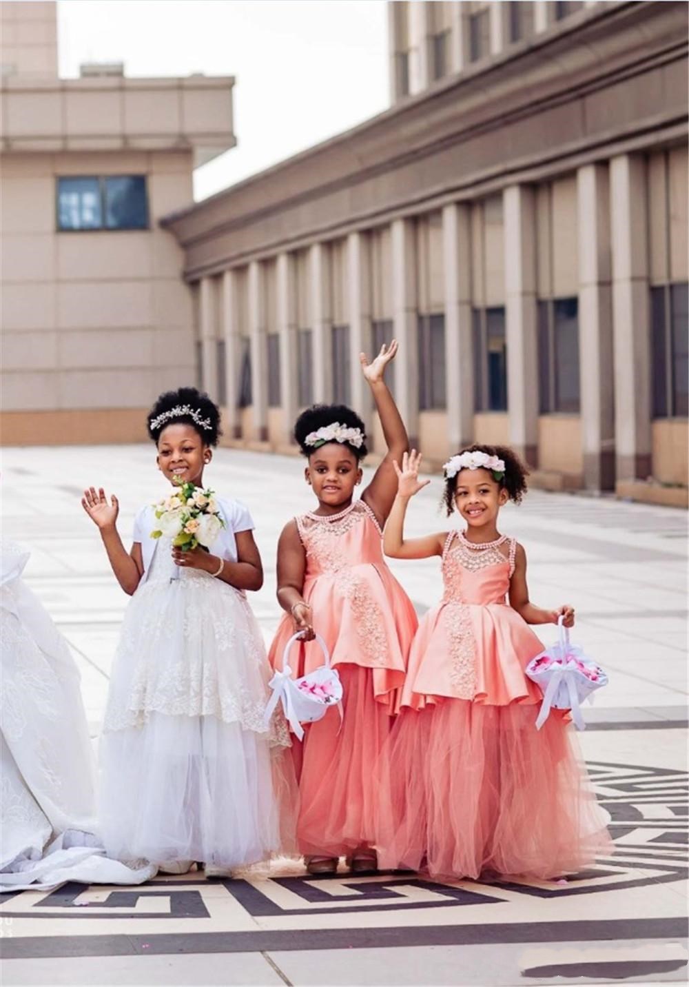 African Blush Pink Flower Girl Dresses for Wedding Hi Lo Lace Appliqued Girls Pageant Gowns with Bow Sash Beaded Kids Birthday Party Dress