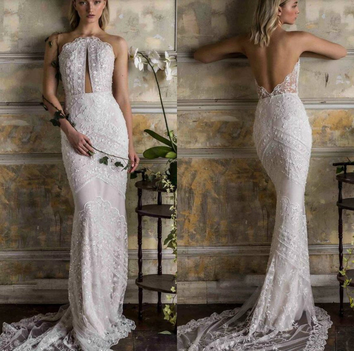Limor Rosen Lace Wedding Dresses Strapless Lace Appliqued Beads Sweep Train Sexy Backless Mermaid Wedding Dress Custom Country Bridal Gowns