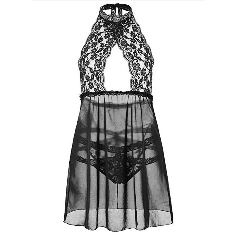 Women Cross Collared Keyhole Cut-Out Babydoll with Panty Sleepwear Chemise Dress Sexy Lace and Mesh Backless Lingerie