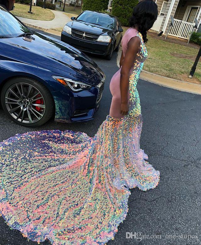 2019 Shinny Mermaid Prom Dresses V Neck Bling Sweep Train Long Formal Party Gown Plus Size Evening Dress Custom Made robes de soirée