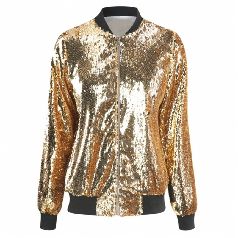 2019 Autumn Women Sequin Coat Green Bomber Jacket Long Sleeve Zipper Streetwear Tunic Loose Casual Basic Lady Winter Outwear #651