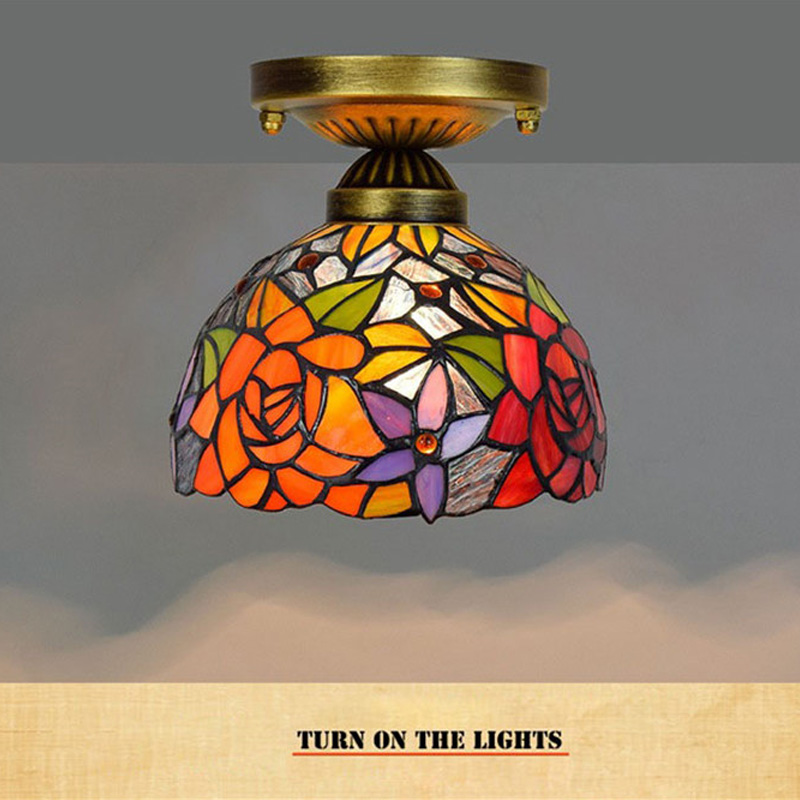 8 inch Red rose glass lamp Tiffany style stained glass ceiling light living room balcony corridor small ceiling lamps TF068