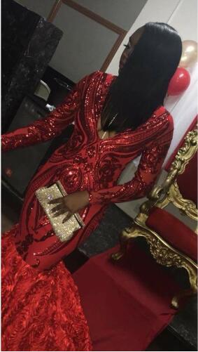 Sparkly Sequined Red Mermaid Prom Dresses 2019 New Long Sleeve V Neck Floor Length african trumpet Formal Evening Dress Party Gowns