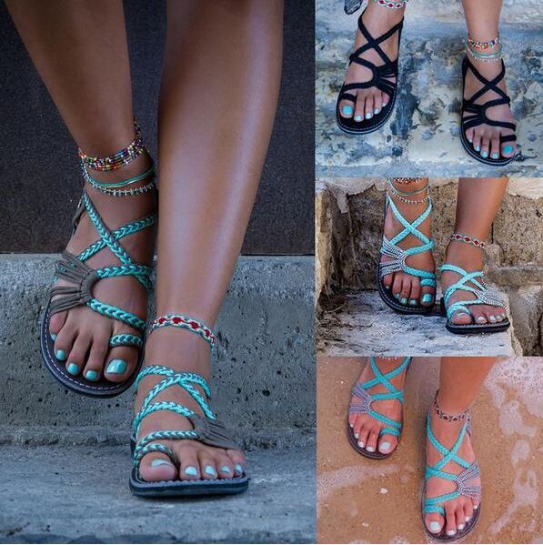 Hot Sale-2018 Summer Women Hot Ring-Toe Cross Ankle Braid Strap Beach Sandals Boho Flat Shoes Flippers 35 - 44