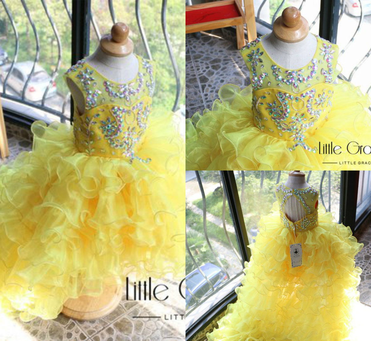 Yellow Flower Girl Dresses Jewel Neck Crystal High Low Ruffles A Line Girls Pageant Dress Hollow Back Kids Formal Gowns