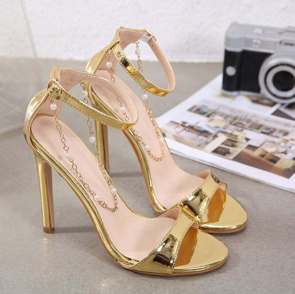 with box Elegant chain ankle strap gold heels summer sandals silver stiletto heel designer shoes size 35 to 40
