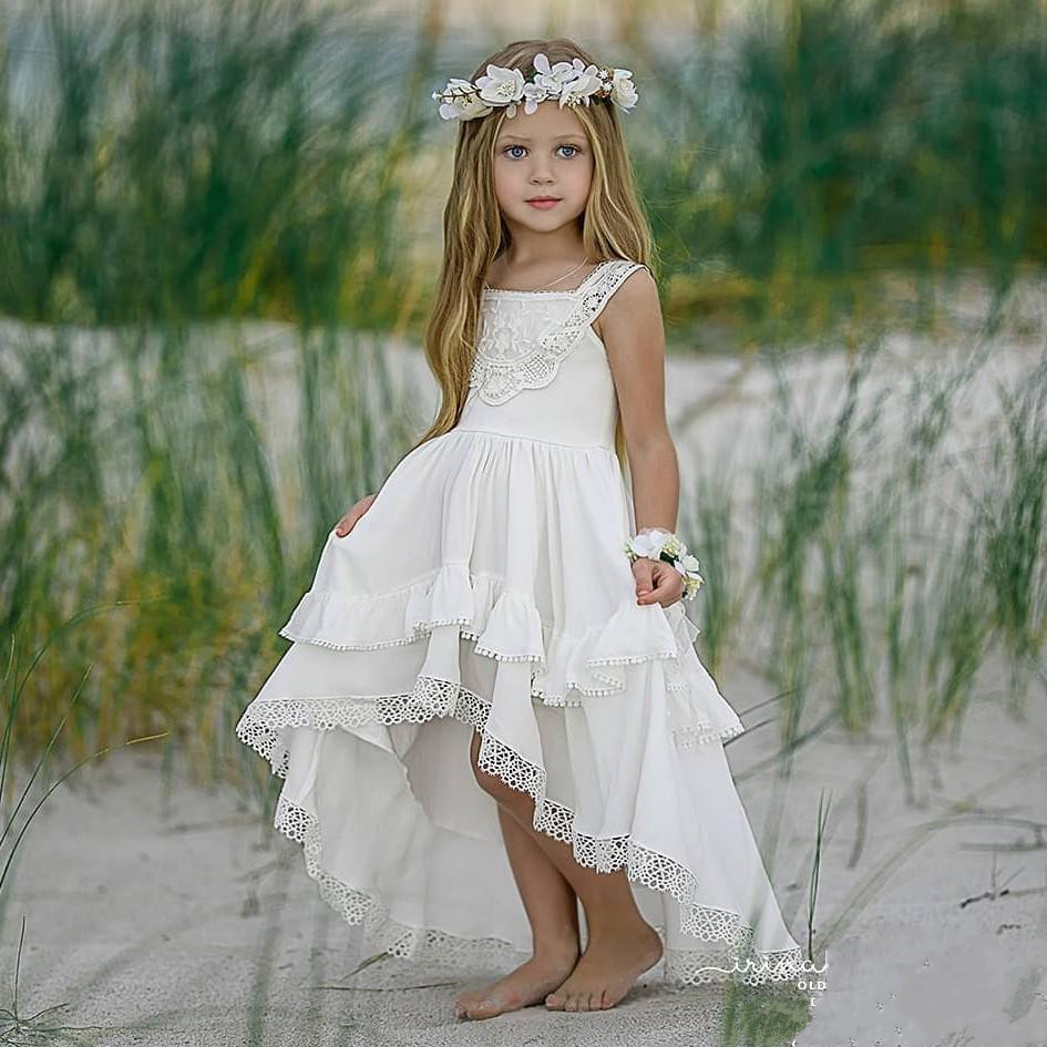 Cheap Bohemian High Low Flower Girl Dresses For Beach Wedding Pageant Gowns A Line Boho Lace Appliqued Kids First Holy Communion Dress