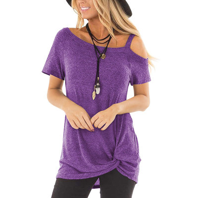 Solid Women's Cold T-Shirt Irregular Off Shoulder Short Sleeve Blouses Knot Twist Front Tunic Tops