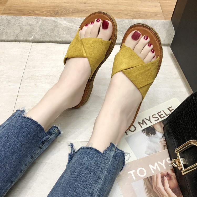 Hot Sale-New Style Summer Woman Slippers Beach Flock Fashion Low Heels Sandals Shoes Round Toe Ladies Elegant Womens Slipper