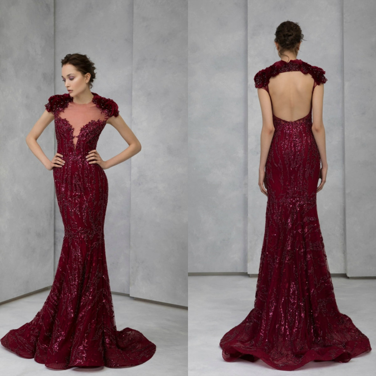 2020 Tony Ward Burgundy Evening Dresses Lace Appliqued Sequined Backless Mermaid Prom Dress Sweep Train Formal Party Gowns Robes De Soirée