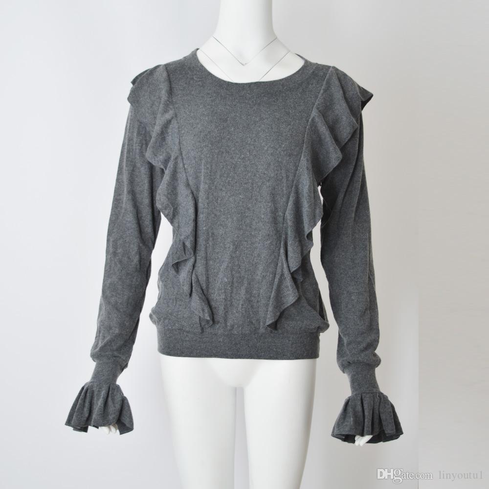 2020 Autumn/ Winter Sweet Vintage Slim Ladies Long-Sleeved Shirt Fungus Ruffled Trumpet Sleeve Knit Women Sweater S-XL