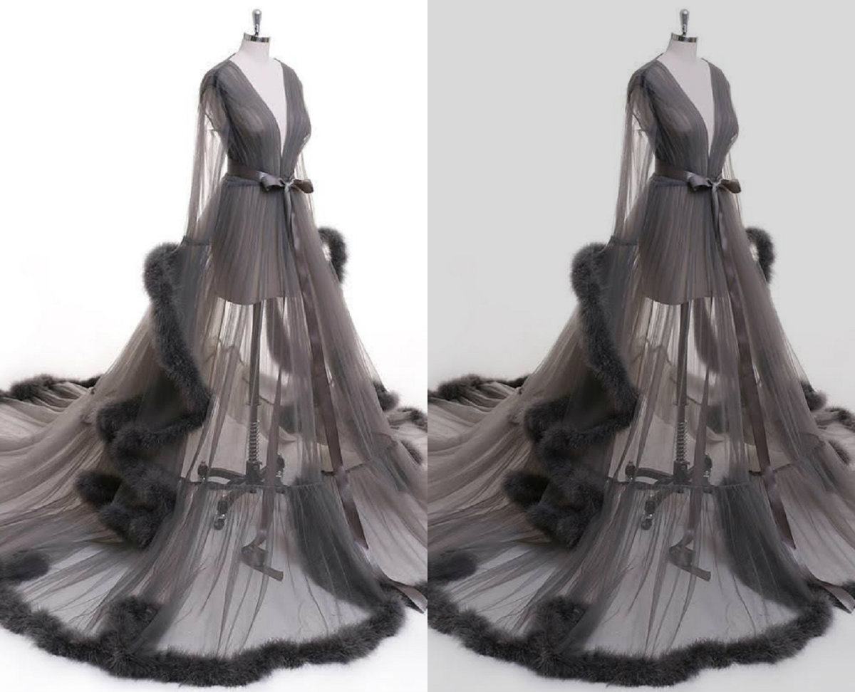 wedding robes high vneck long sleeves fur ribbon sash bathrobes night gowns for women custom made sweep train pajamas sleepwear cheap