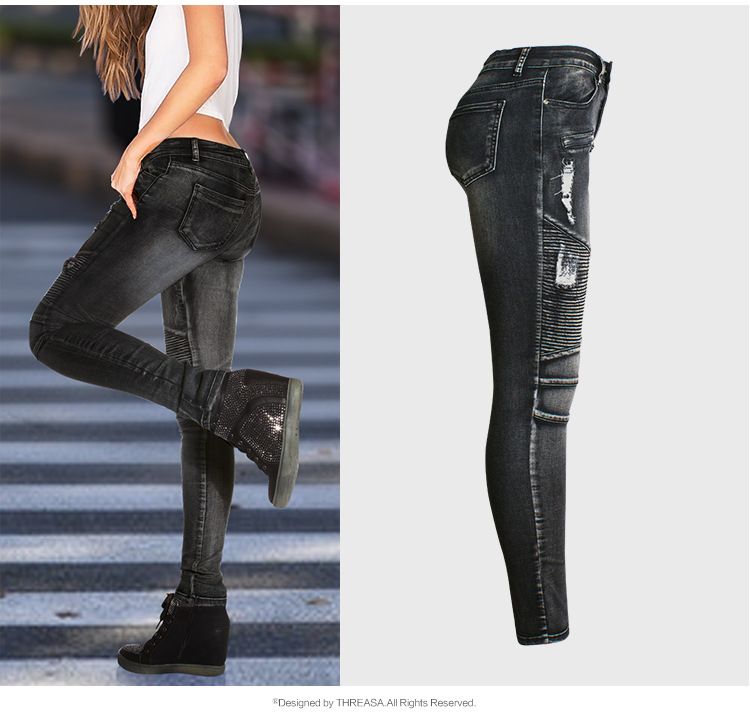 hot sale Women's Denim Pencil Pants Motorcycle Biker Zip Jeans Female Mid High Waist Stretch Denim Skinny Pants Motor Jeans