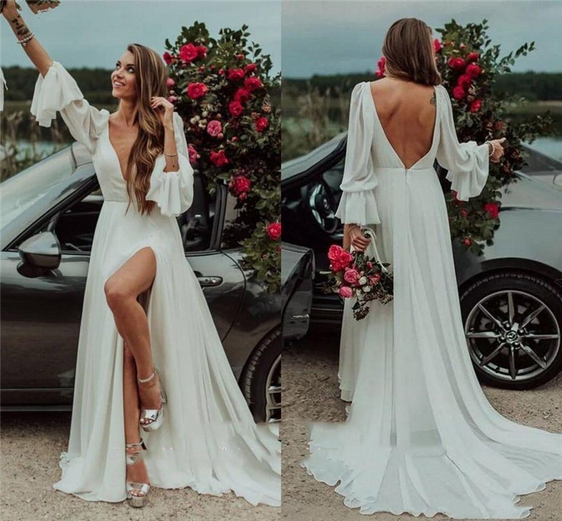 Boho Country A Line Chiffon Wedding Dresses 2020 Deep V Neck Long Sleeves Backless Vestido de noiva Custom Long Garden Beach Bridal Gowns, Ivory
Boho Country A Line Chiffon Wedding Dresses 2020 Deep V Neck Long Sleeves Backless Vestido de noiva Custom Long Garden Beach Bridal Gowns, Ivory