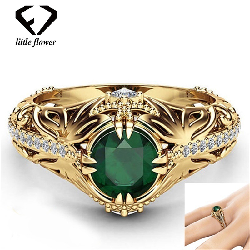 14K Gold Diamond Emerald Wedding Ring Jewelry Ornament Etoile Anillos diamond Bizuteria for Women Emerald Jade 14K Gemstone Ring LY191217