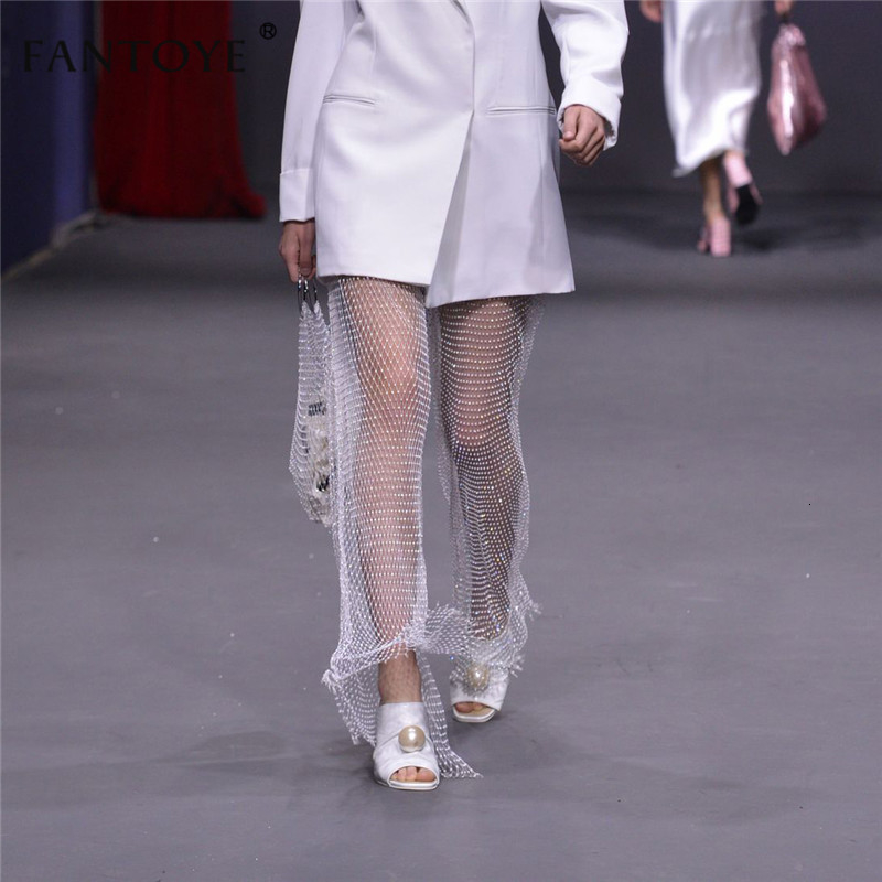 Fantoye New Crystal Diamond Shiny Women Pants Summer Sexy Hollow Out Elastic Fishnet Trousers Fashion See Through Beachwear Pant V191019