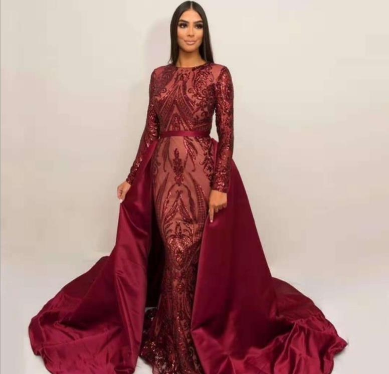 Sexy Green Prom Dresses Mermaid Long With Satin Detachable Train Sequined Long Sleeve Evening Party Formal Gowns Real Photos