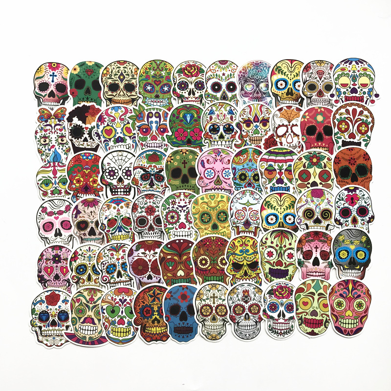 60PCS Colorful Skull Stickers For Car Phone Skateboard Snowboard Laptop Luggage Fridge Bicycle PVC Waterproof Decal Halloween Home Sticker