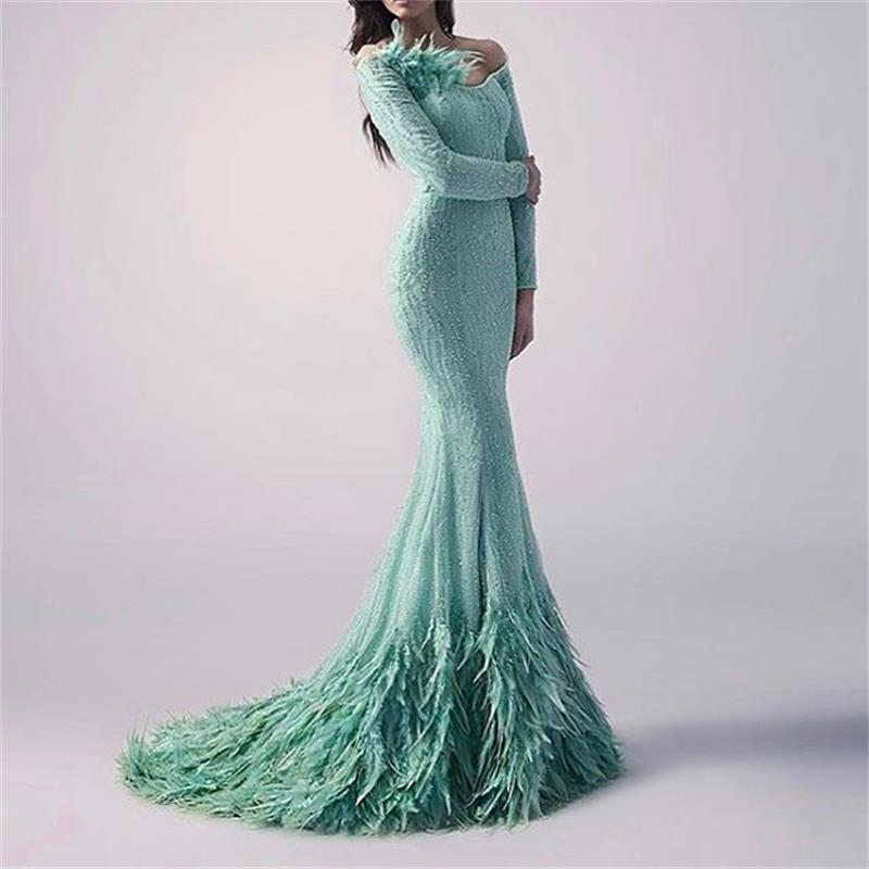 2020 Arabic Feather Evening Dresses Off The Shoulder Long Sleeve Mermaid Prom Dresses Lace Beads Formal Party Second Reception Gowns