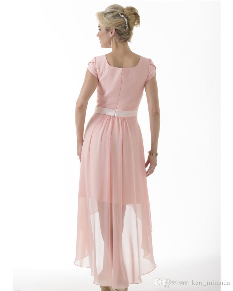 Hot Pink Modest Bridesmaid Dresses Long With Short Sleeves Chiffon Cap Sleeves Short Front Long Back Country Bridesmaids Prom Dresses